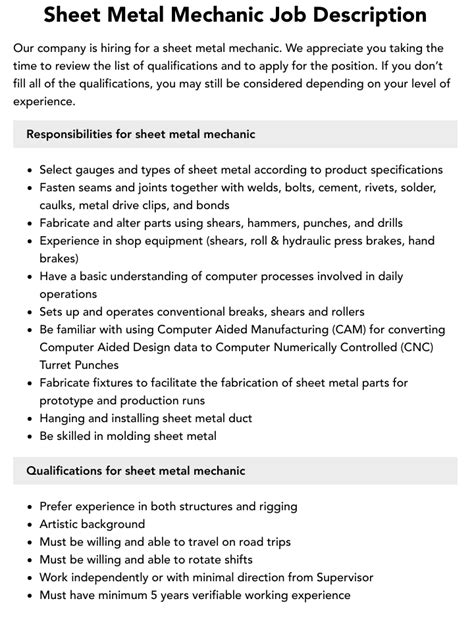 sheet metal worker vacancy|sheet metal mechanic job duties.